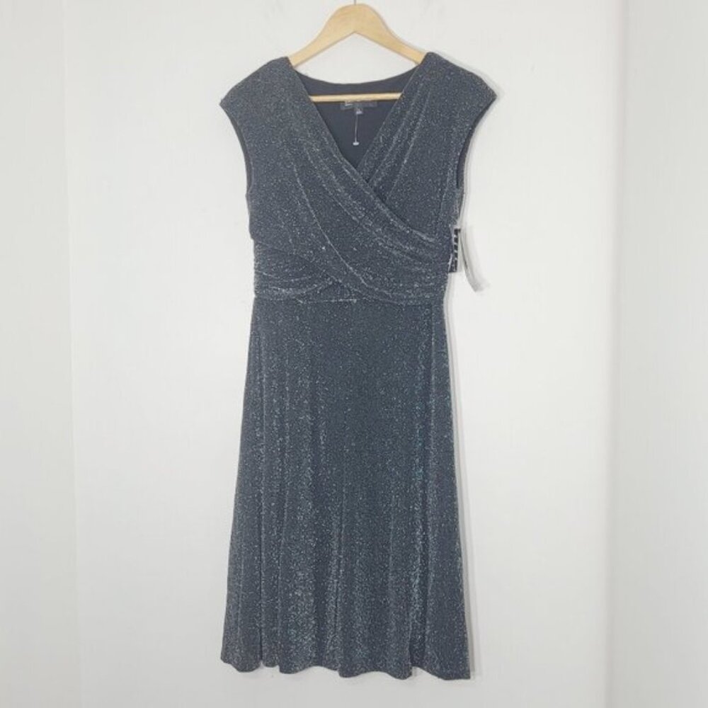 Jones New York NEW Black Metallic Glitter Sleeveless Knee Length Faux Wrap Dress